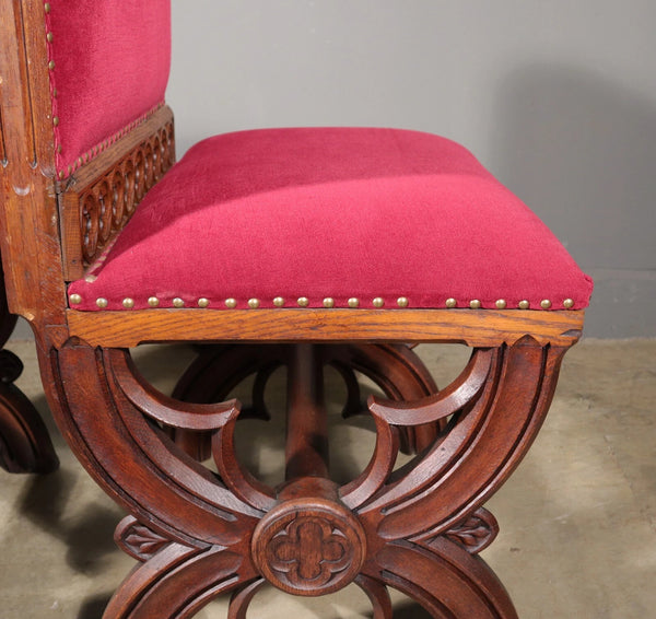 Antique Gothic Priest's Pulpit/Sanctuary Chair Set In Solid Oak and Red Velvet