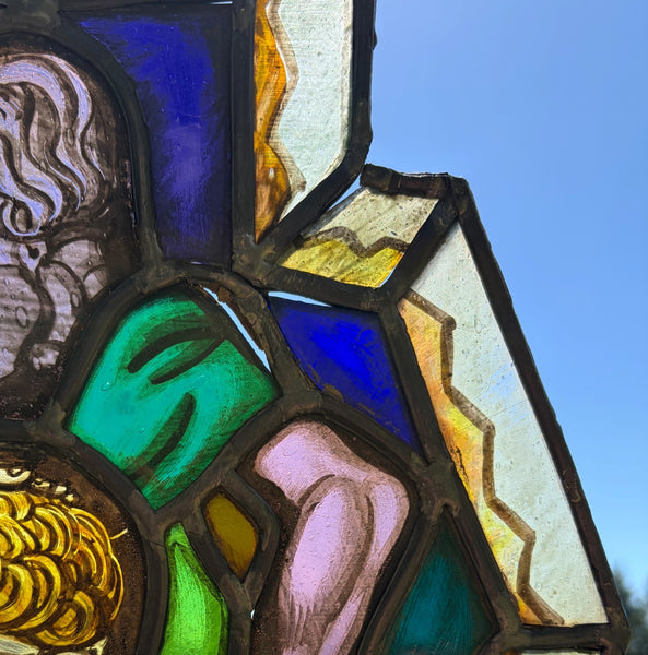 16" Tall Vintage Belgian Stained/Leaded Glass Panel of a Saint Healing the Blind