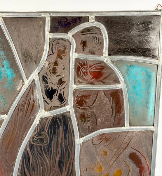 15" Tall Vintage Belgian/Flanders Stained/Leaded Glass Panel of Thyl and Nele