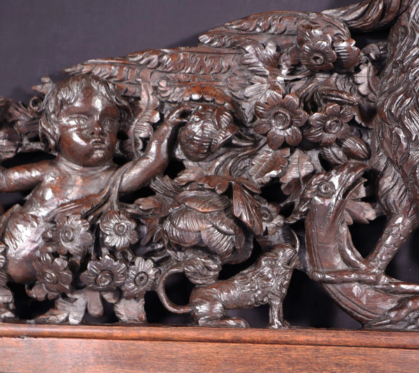62" Wide XL Antique French Solid Oak Wood Highly Carved Crest with Bird