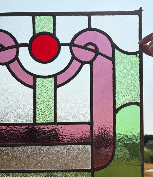 18" Tall Antique French Stained Glass Panel with Leaded Glass, Window, Hanging