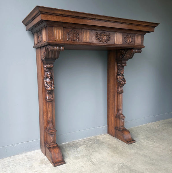 82" Large Vintage Renaissance Revival Oak Fireplace Surround/Mantel w/Figures