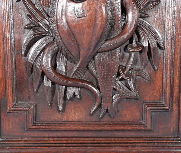 24" Tall French Antique Solid Oak Panel Highly Carved Hunting Theme with Fish