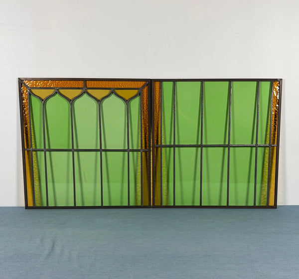 43" Tall Pair of Antique French Stained Glass Window Panels Green & Yellow Glass