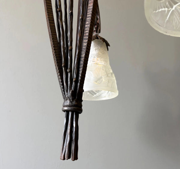 33" Tall Antique French Iron Art Deco Chandelier with Frosted Glass and Roses