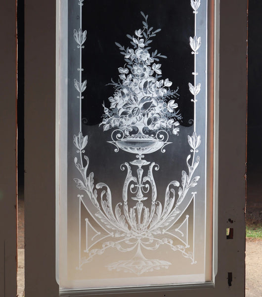 87" Tall Pair of Antique French Etched Glass Windows Frosted Glass with Flowers