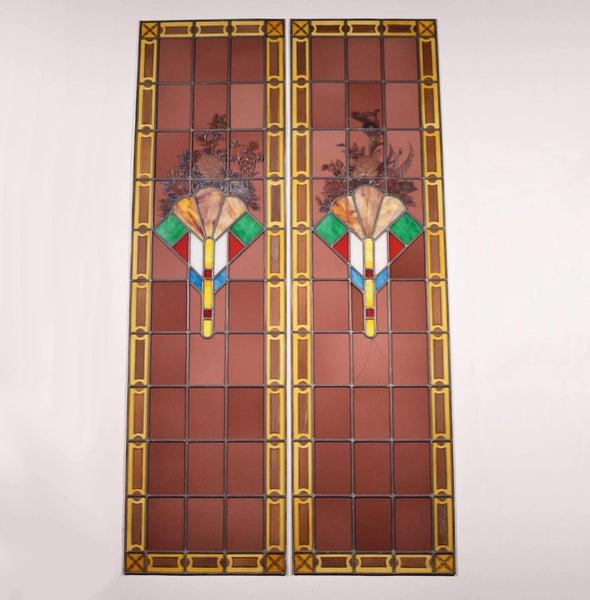 69" Pair of Vintage French Art Deco Stained Glass Windows w/Hand Painted Flowers