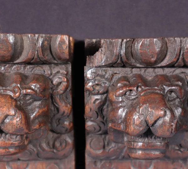 Pair of 8" French Antique Highly Carved Lion Corbels/Trim/Brackets Solid Oak