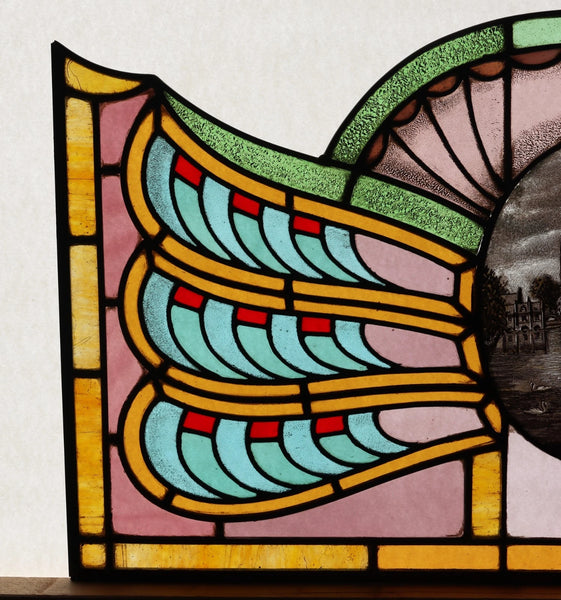 36" Wide Antique French Art Deco Stained Glass Panel of Bruges w/Copper Frame