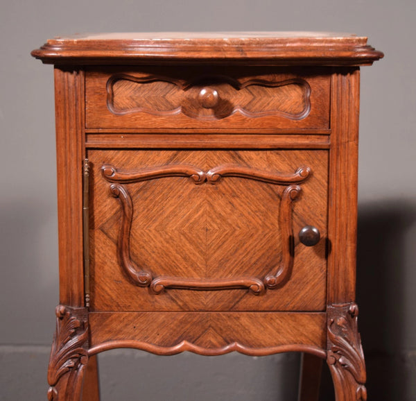Pair of Antique French Louis XV Nightstands in Walnut with Marble Tops