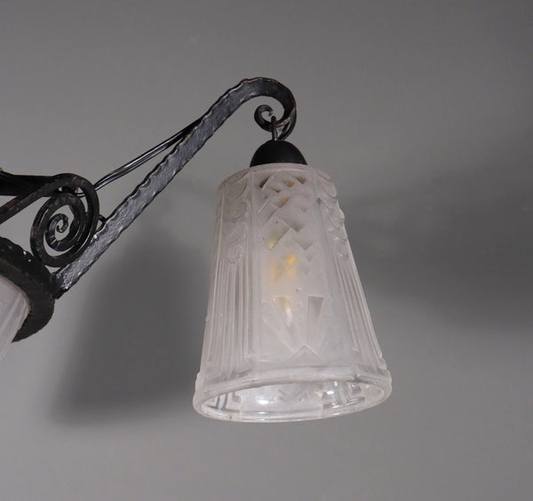 Antique French Art Deco Chandelier with Frosted Glass and Iron by Muller Freres