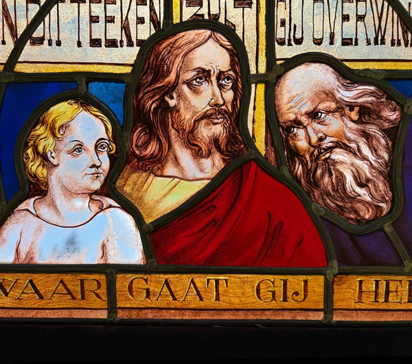 22" Wide Vintage Dutch Religious Stained/Leaded Glass Panel by Felix Bonner