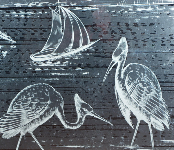 25" Tall Antique French Etched Glass Window Frosted Glass with Herons/Birds