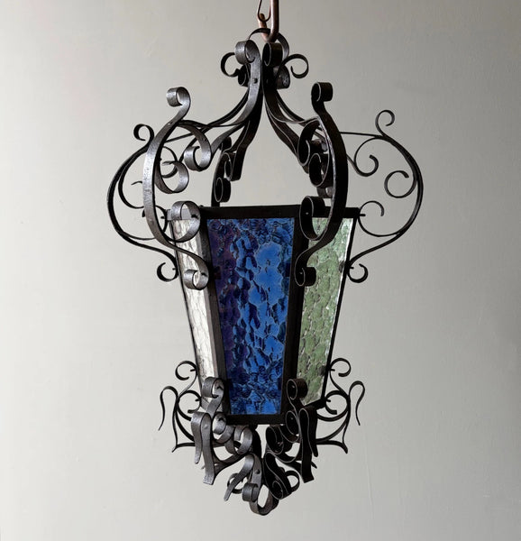 25" Tall French Antique Iron and Stained Glass Hanging Chandelier/Pendant Lamp