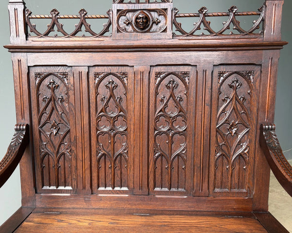 Antique French Gothic Revival Oak Wood Bench/Settee/Chair Highly Carved