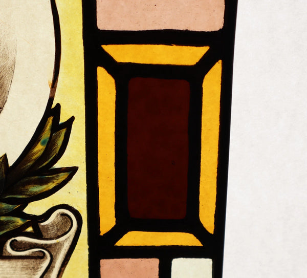 13" Tall Antique French Stained/Leaded Glass Panel w/ Portrait Rembert Dodoens