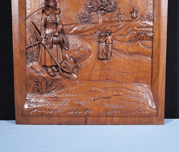 25" Tall Antique French Highly Carved Breton Panel in Solid Chestnut Wood