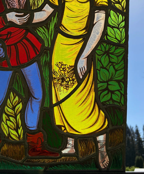 20" Tall Vintage Belgian/Flanders Stained/Leaded Glass Panel of Thyl and Nele