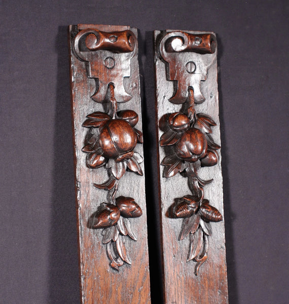 26" Tall Pair of French Antique Solid Oak Wood Highly Carved Wood Trim Posts