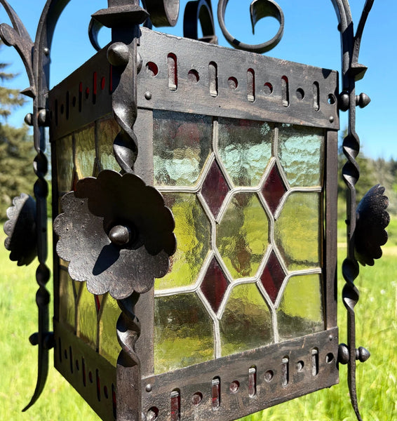 27" French Antique Gothic Iron & Stained Glass Hanging Chandelier/Pendant Lamp