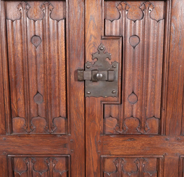 Pair of French Antique Neo Gothic Cabinet Doors in Oak Wood Linen Fold Carvings