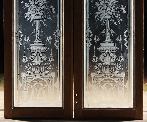 88" Tall Pair of Antique French Etched Glass Windows Frosted Glass with Flowers