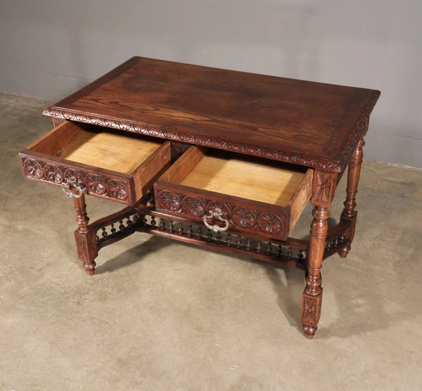 Antique French Breton Desk/Library Table in Solid Chestnut Wood with Carvings