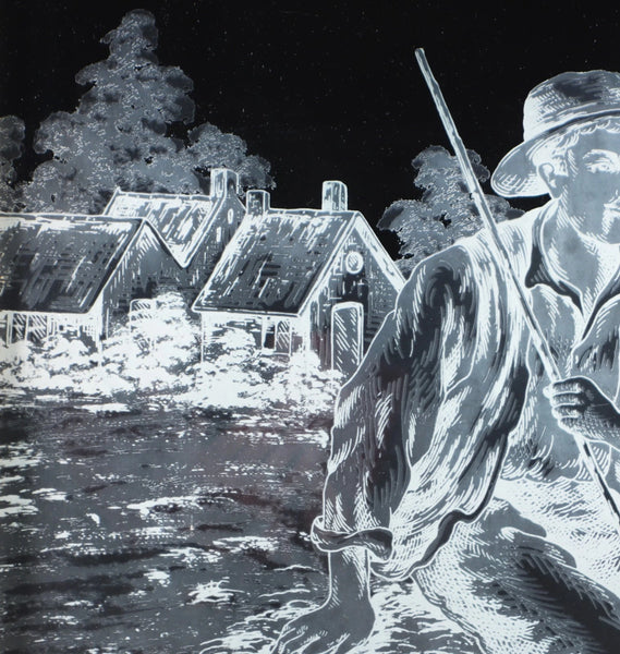 37" Tall Antique French Etched Glass Window with Rural Scene Man by the Water