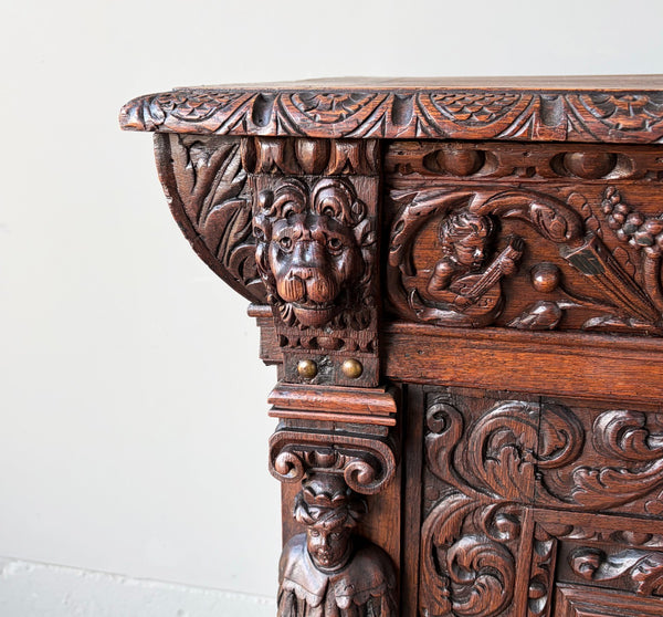 1700's Antique French Renaissance Sideboard in Solid Wood Oak Highly Carved