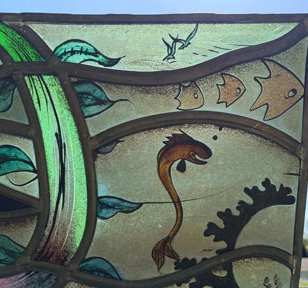 Vintage Dutch Stained/Leaded Glass Panel by Lea Steppe Sea Life Themed