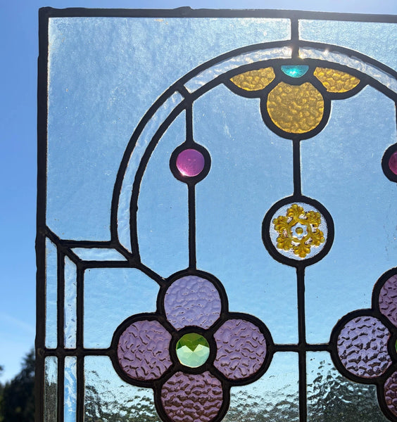 38" Tall Antique French Stained/Leaded Glass Panel w/Griffin and Uranium Glass