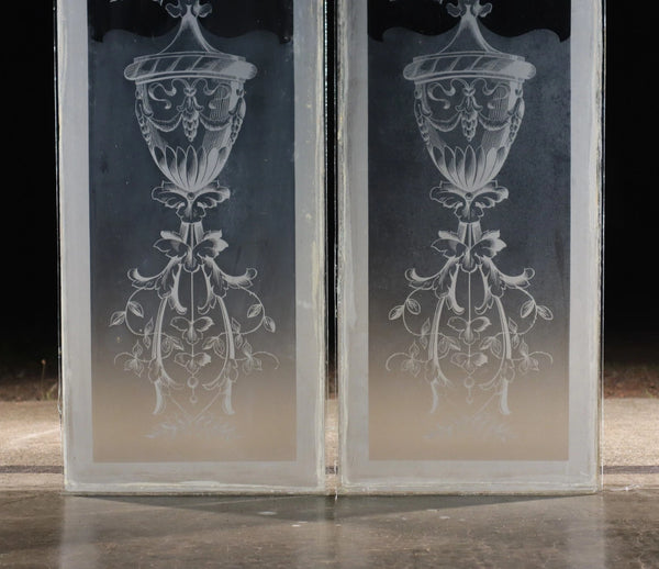 56" Tall Pair of Antique French Etched Glass Windows Frosted Glass with Flowers