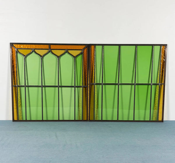 43" Tall Pair of Antique French Stained Glass Window Panels Green & Yellow Glass