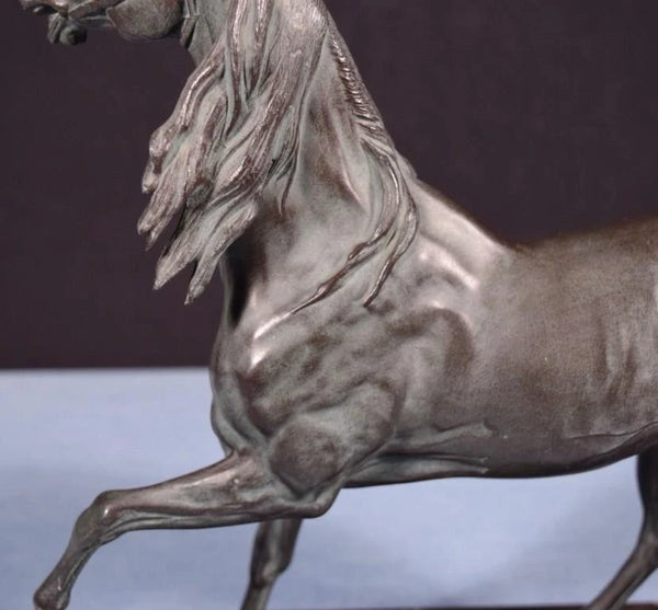 12" Tall Antique French Spelter Life Like Horse Statue with Black Marble Base