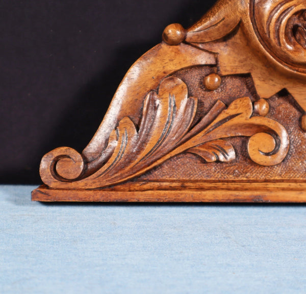 9" Wide French Antique Solid Walnut Wood Highly Carved Crest w/Jester