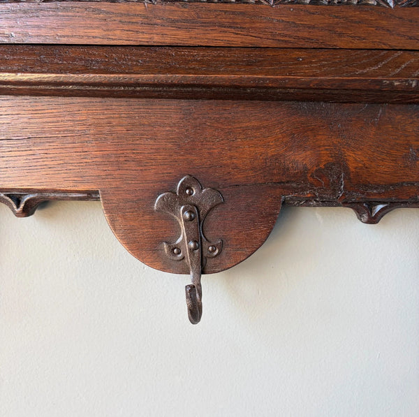 52" Antique Gothic French Solid Oak Coat Rack Hall Tree Wood Shelf w/Iron Hooks