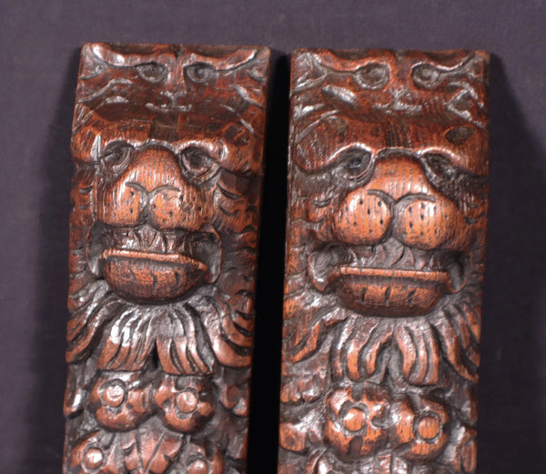 Pair of 8" French Antique Highly Carved Lion Corbels/Trim/Brackets Solid Oak