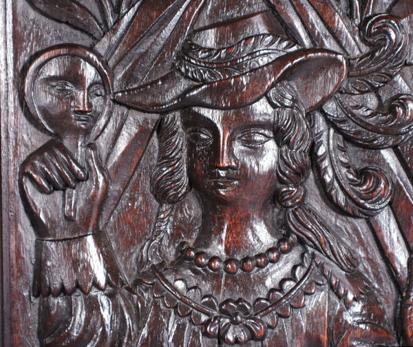 26" Antique French Solid Walnut Wood Panel Highly Carved, Woman with a Mirror