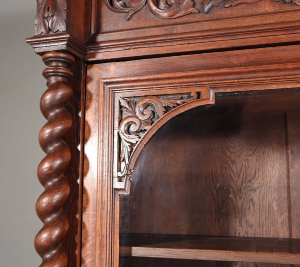 88" Tall French Antique Solid Oak Wood Bookcase/Display Case/Cabinet Carved