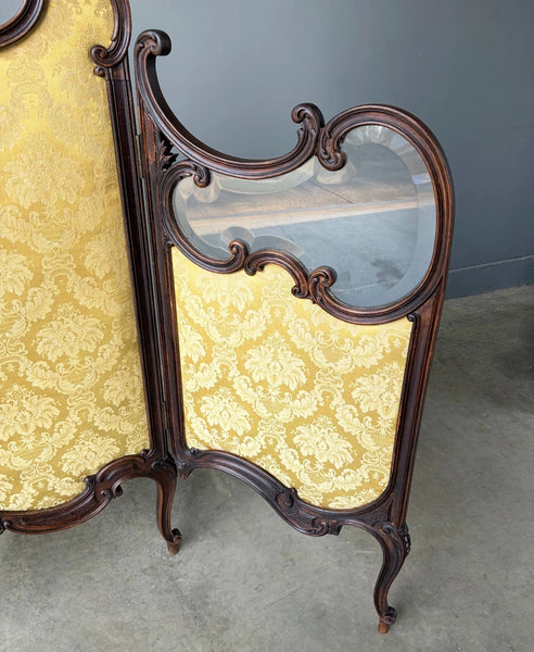61" Tall Antique French Louis XV Rococo Tri-Fold Screen with Beveled Glass