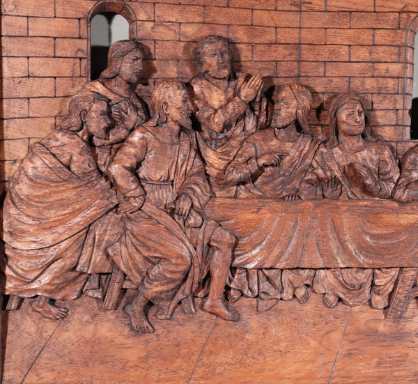 Large Vintage Highly Carved Panel of Jesus and 12 Disciples "The Last Supper"