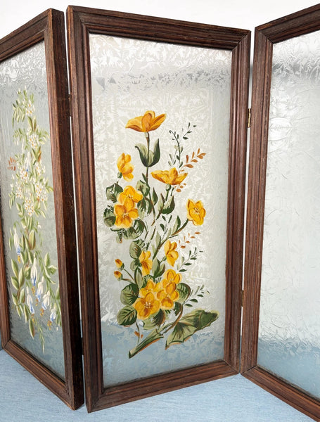 21" Tall Antique French Hand Painted Folding Glass Screen with Flowers