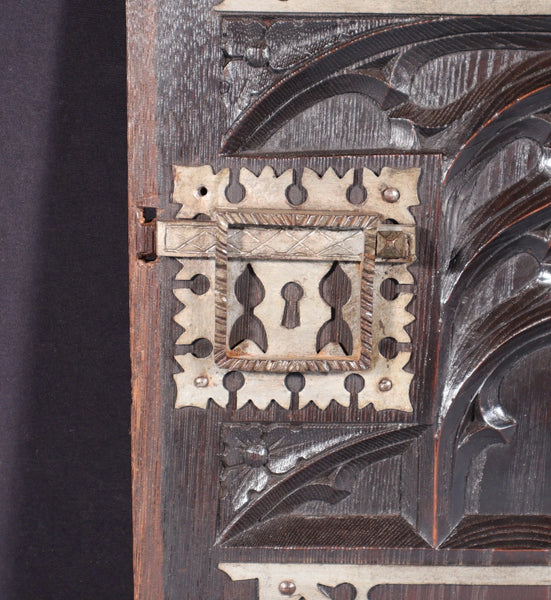 Antique French Solid Chestnut Wood Carved Gothic Door w/Faux Hinges and Latch
