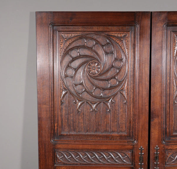64" Tall Pair of French Antique Neo Gothic Cabinet Doors Solid Oak Wood