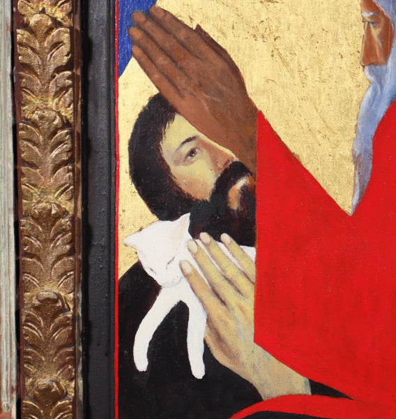 Vintage Framed Oil on Panel Painting of St Francis with Cat by Paul Bruylant