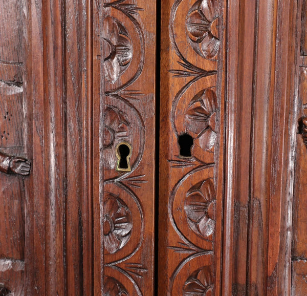 63" Tall Pair of French Antique Doors Carved Breton Panels Solid Chestnut Wood