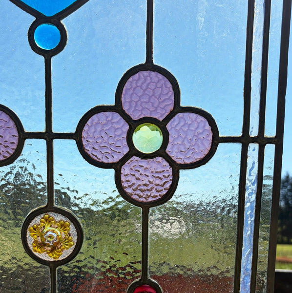 38" Tall Antique French Stained/Leaded Glass Panel w/Griffin and Uranium Glass