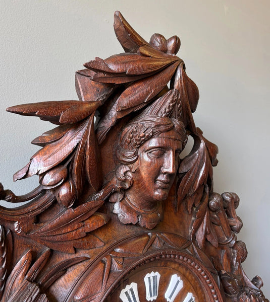 XL Antique French Renaissance Solid Oak Wood Highly Carved Clock Harvest Theme