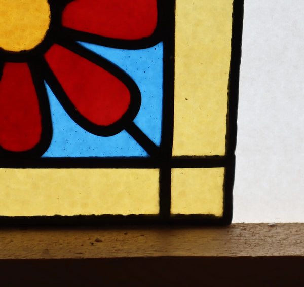 9" Tall Antique French Stained Glass Panel with Flower Leaded Glass