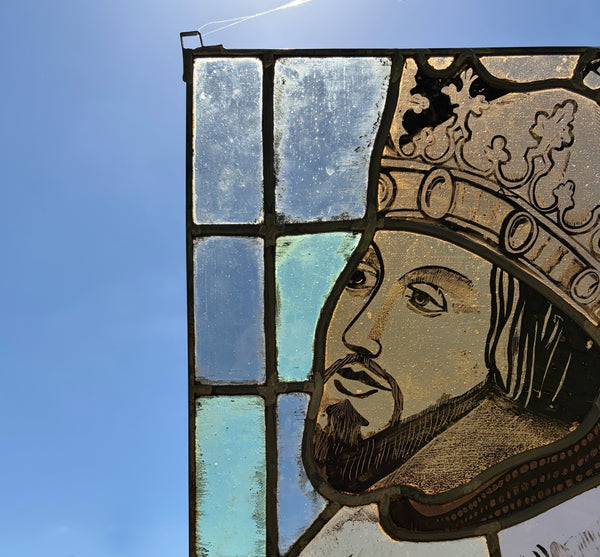 15" Tall Vintage French Stained/Leaded Glass Panel Of Charles the Great